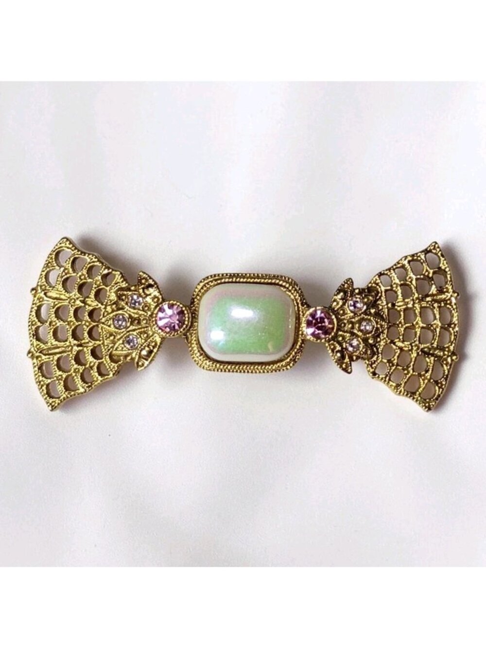 Vintage 1928 Open Work Rhinestone Bow Bar Brooch Pin Iridescent Victorian Retro